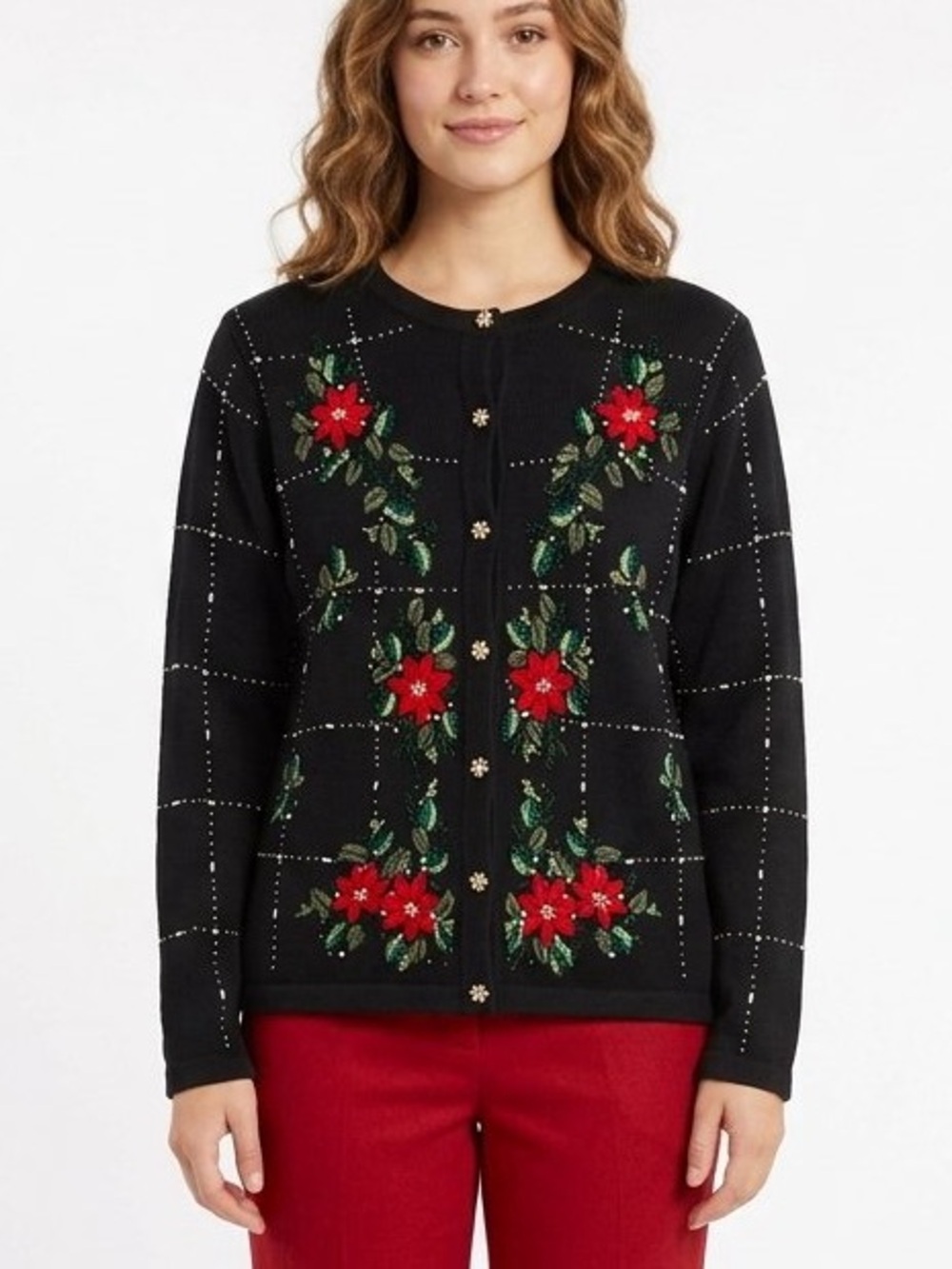 Vintage B.P. Design Black Poinsettia Beaded Embroidered Christmas Cardigan Large
